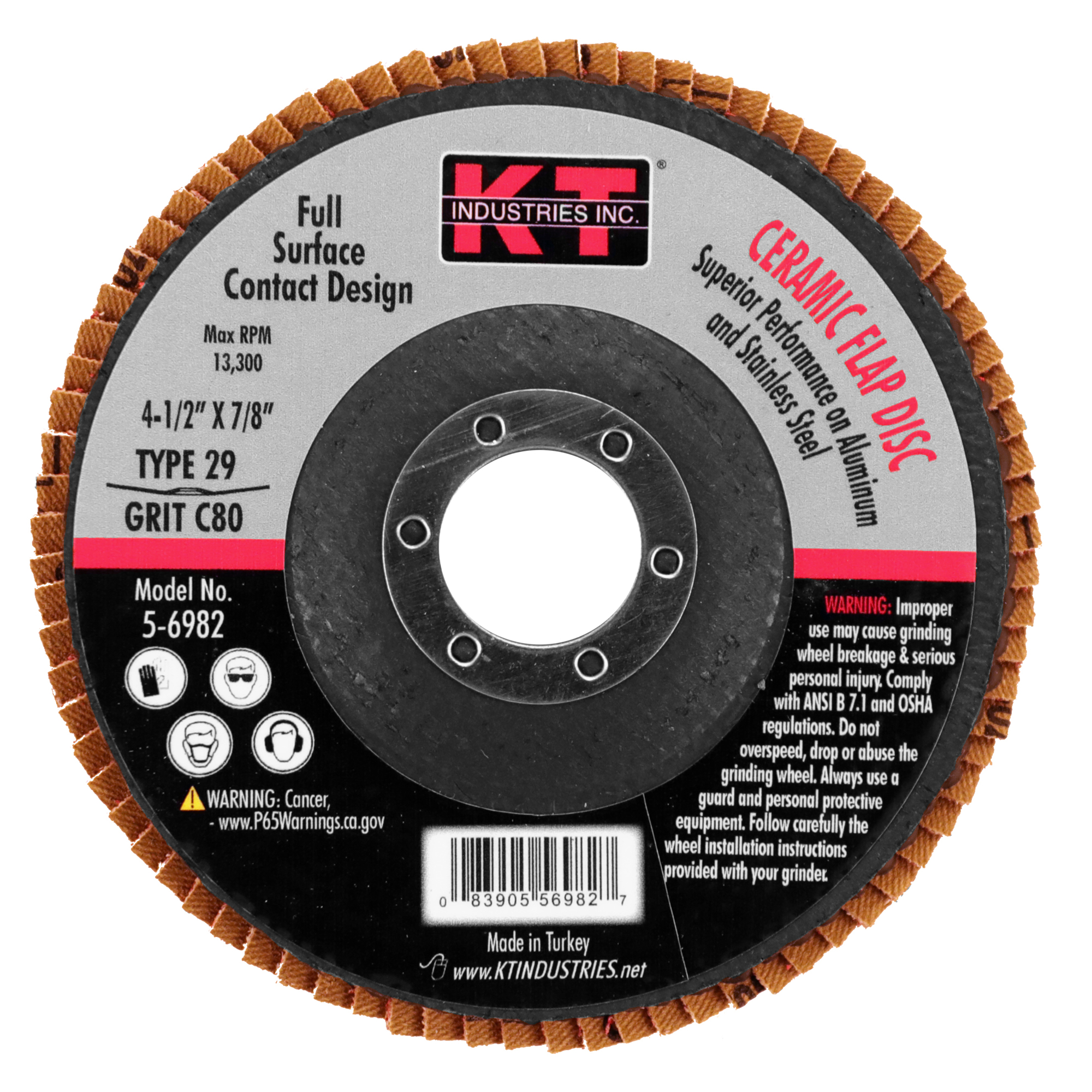 K-T Industries Ceramic Flap Disc — 4 1/2in. x 7/8in., 80 Grit, T29, Model# 5-6982